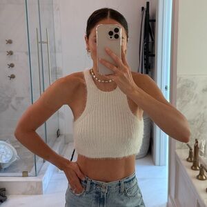 Crescent White fuzzy knit Crop Tank Top